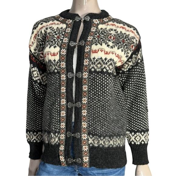 Dale of Norway M Black Red white Classic Fair Isle Wool Knit Clasp Ski Sweater - Picture 3 of 10